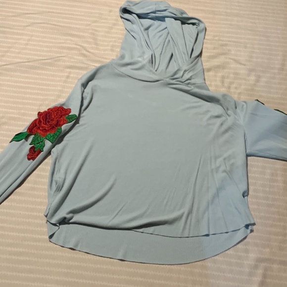 light blue long sleeve crop top with hood - Picture 1 of 3